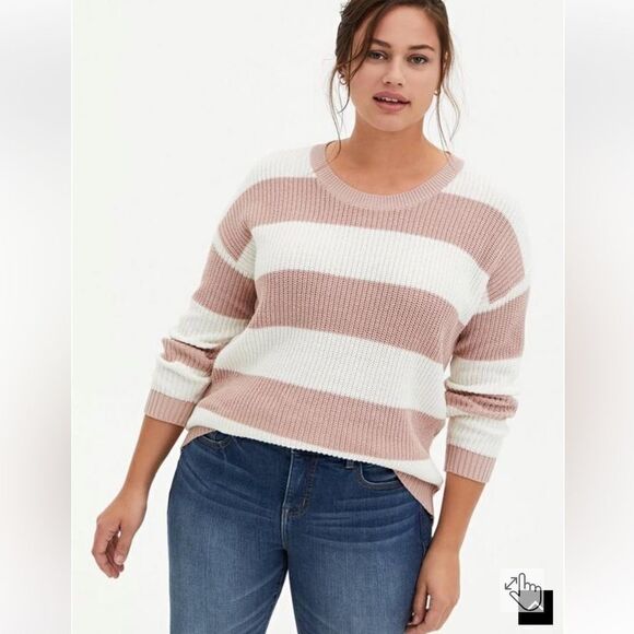 Torrid pullover drop shoulder striped pink & white cotton blend sweater sz L - Picture 1 of 13
